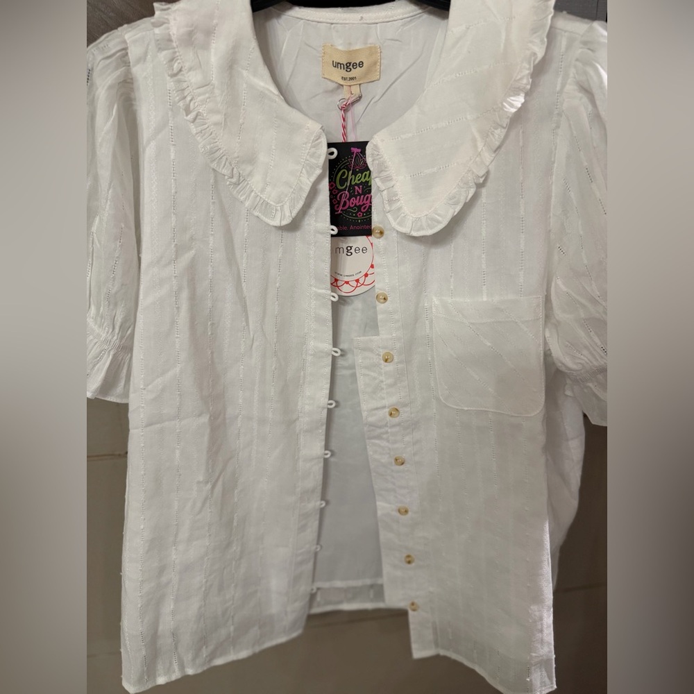 Umgee White Ruffled Peter Pan Collar Button-Up Blouse Puffy Short Sleeve Size L